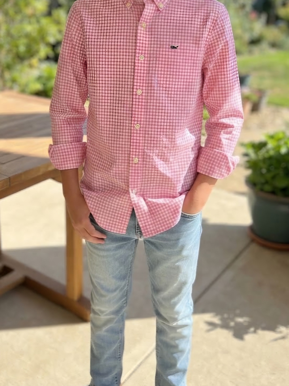 Vineyard Vines Performance Boys 12 Pink/White Gingham LS Button-Down Shirt